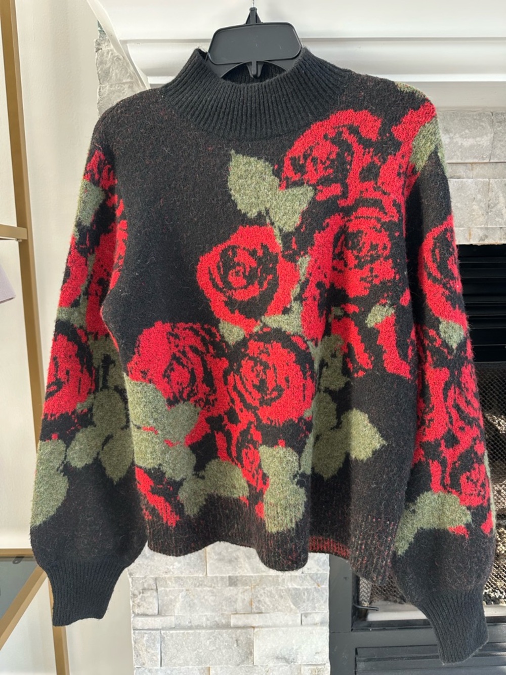 Karl Lagerfeld Black Floral Rose Knit Sweater - Red & Green Pattern